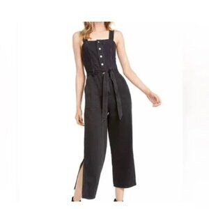 OAT New York Black Denim Cropped Slit Hem Wide Leg Adjustable Jumper Romper 12